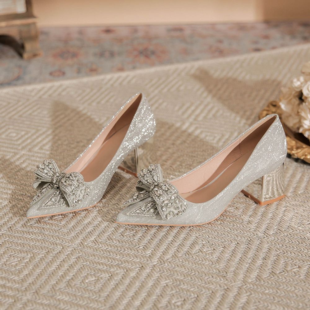 Rhinestone Bow Thick-Heeled High Heels
