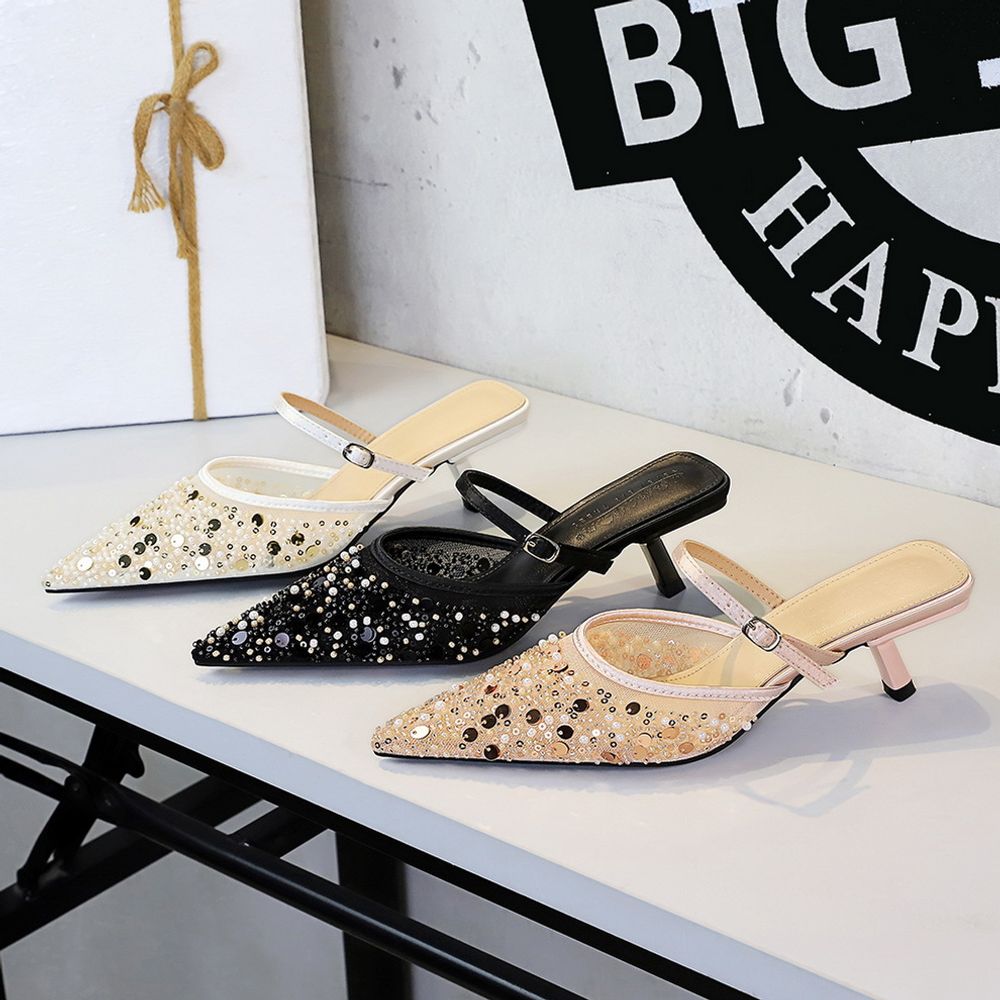 Mesh Sequins top Pointed Sandals