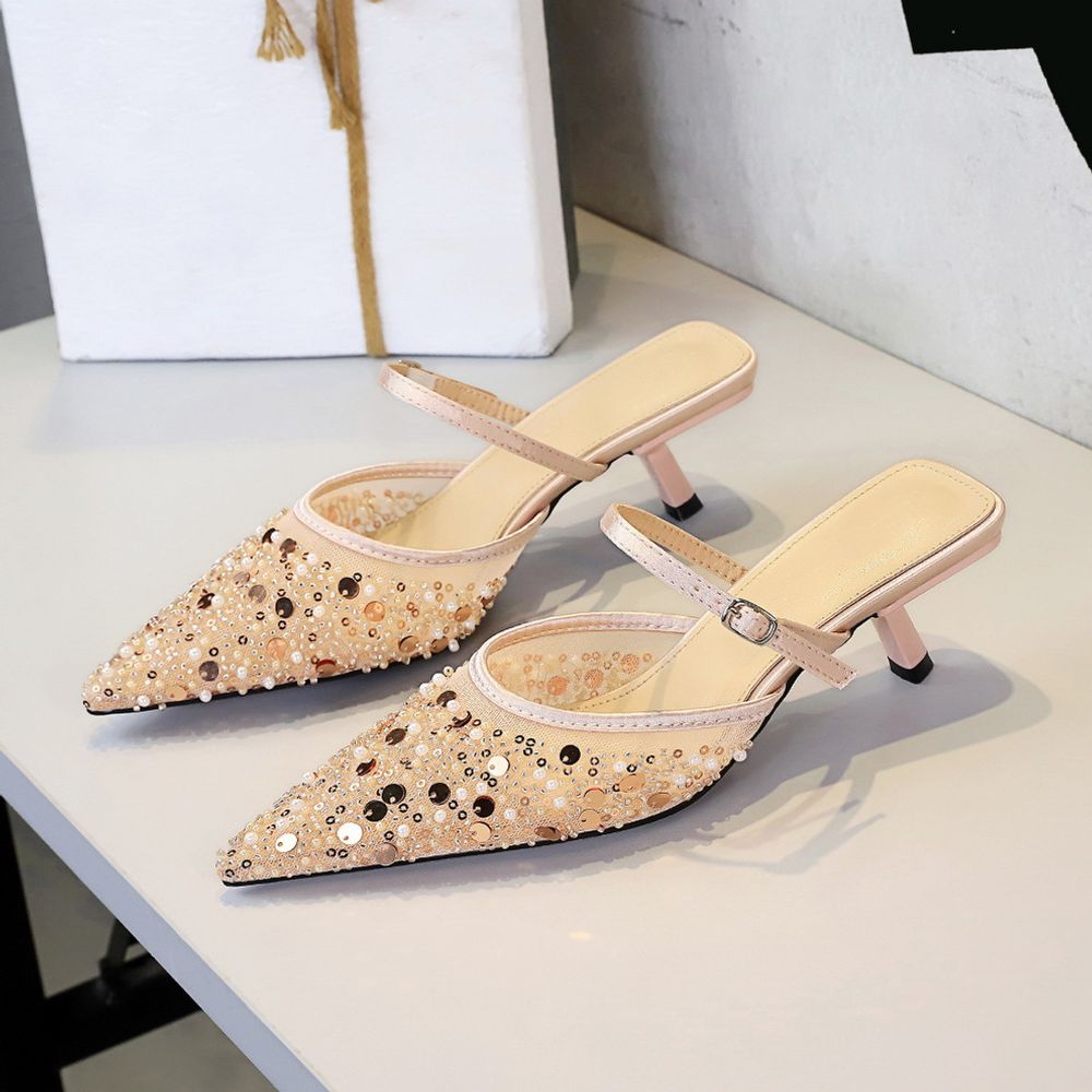 Mesh Sequins top Pointed Sandals