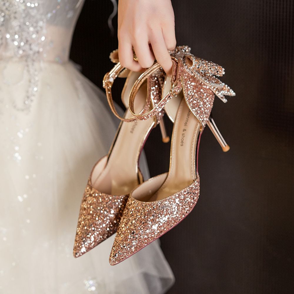 Sequined Bow Design Pointed Heels