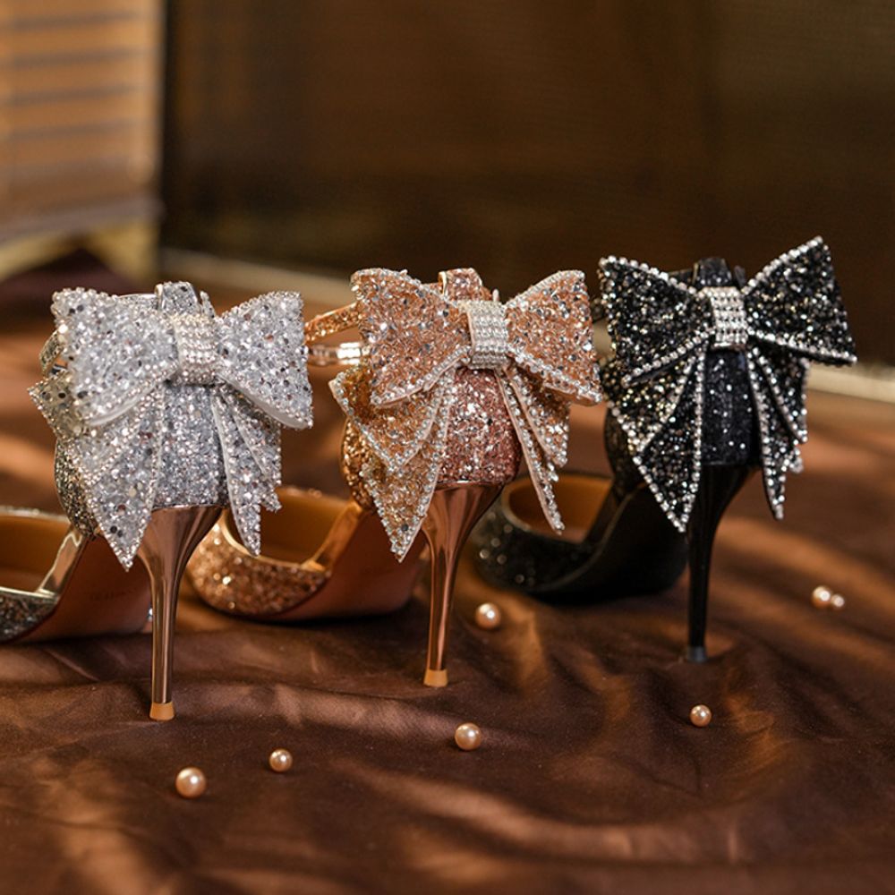 Sequined Bow Design Pointed Heels