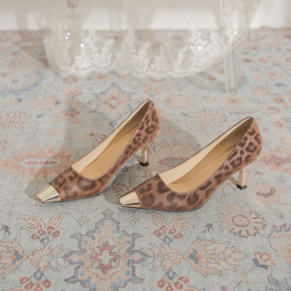 Metal Head Leopard Print Heels