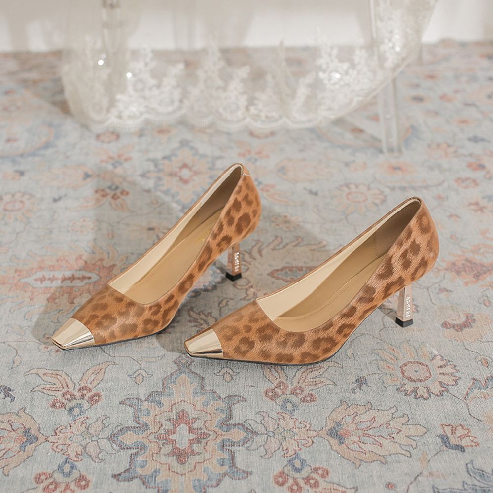Metal Head Leopard Print Heels