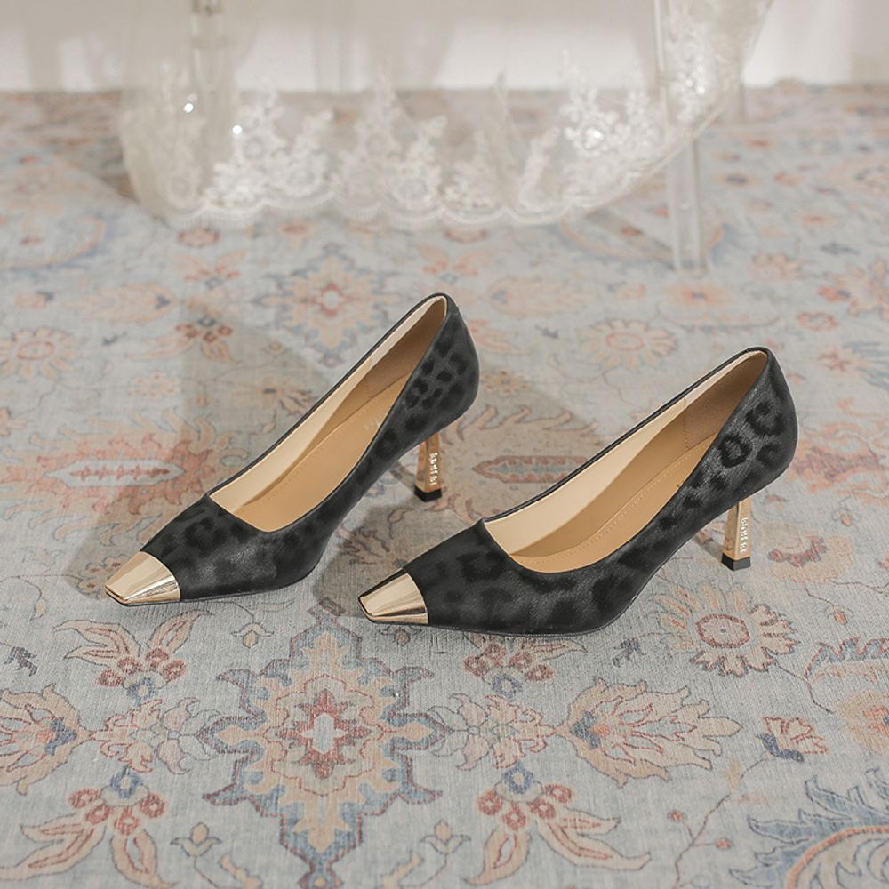 Metal Head Leopard Print Heels