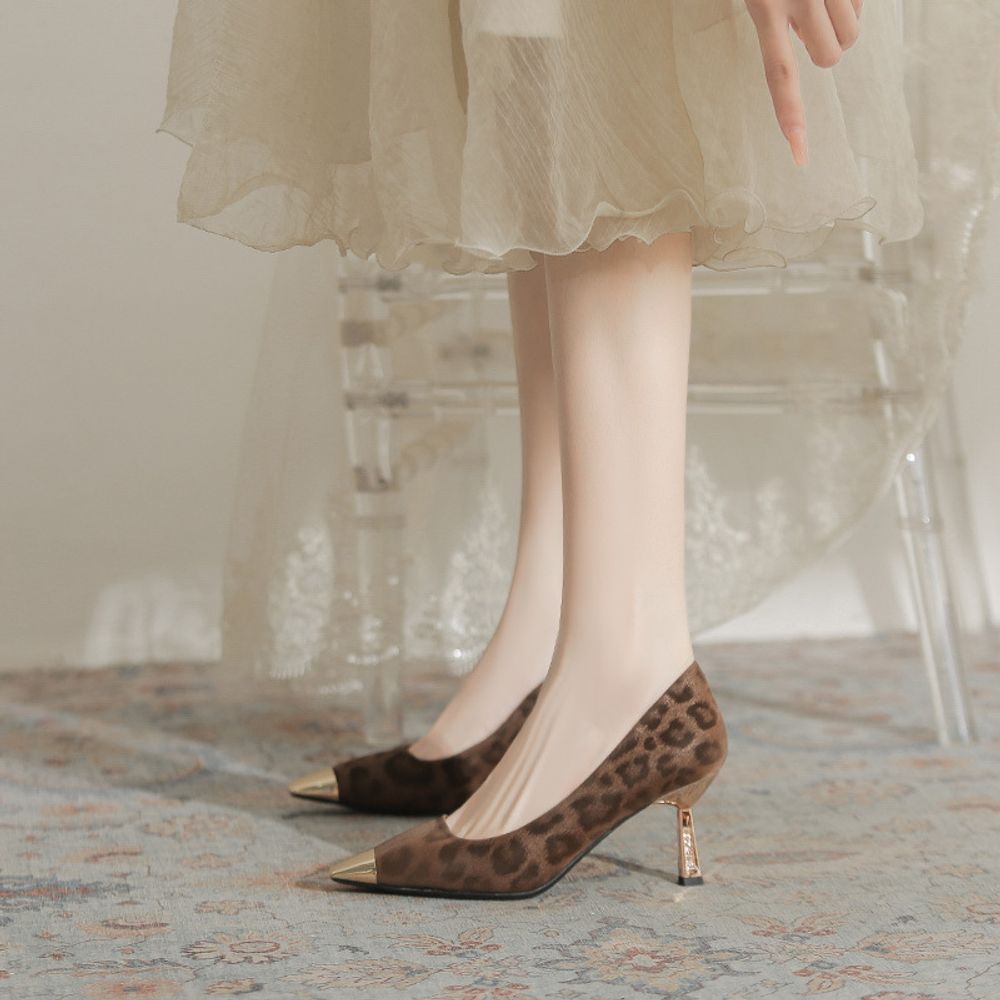 Metal Head Leopard Print Heels