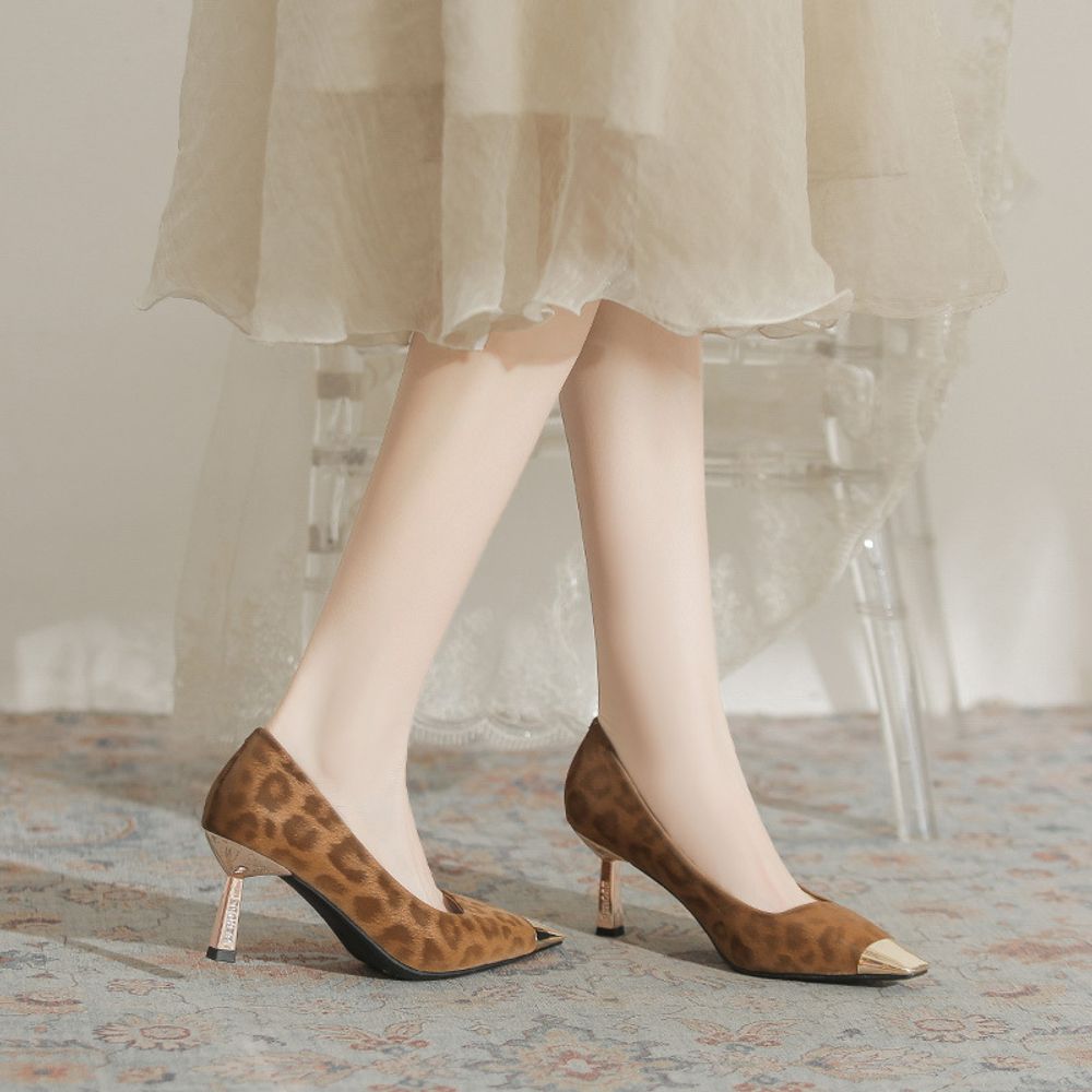 Metal Head Leopard Print Heels