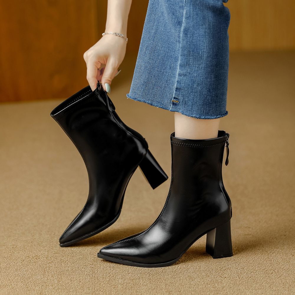 Thick Heel Pointed Ankle Boots