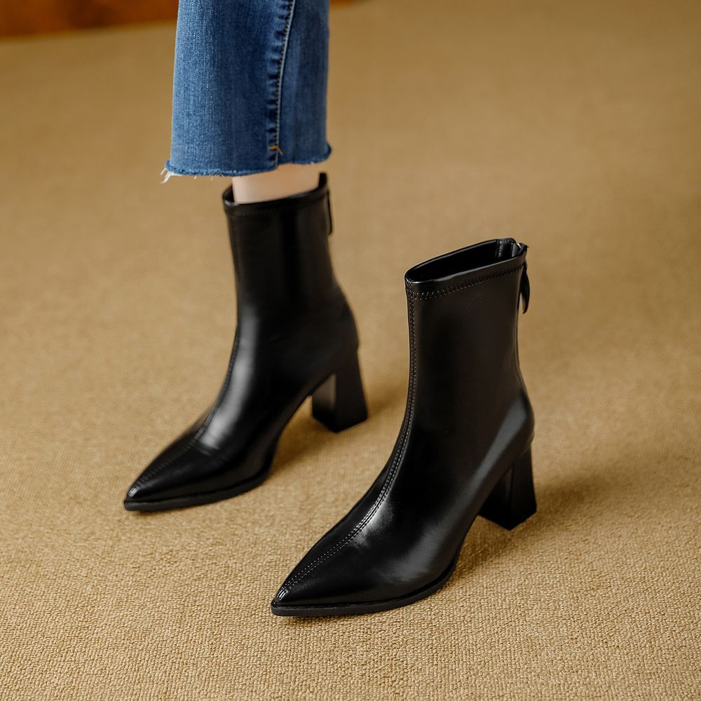 Thick Heel Pointed Ankle Boots