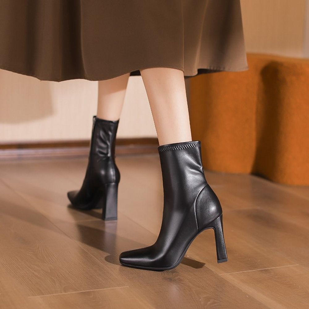 Off-white High-heeled Short Boots Women's Thick Heels, Autumn and Winter Simple Rear Zipper Pointed Soft Leather Thin Fashion Boots