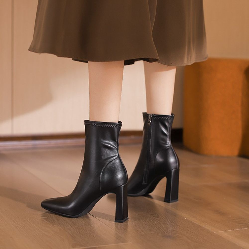 Off-white High-heeled Short Boots Women's Thick Heels, Autumn and Winter Simple Rear Zipper Pointed Soft Leather Thin Fashion Boots