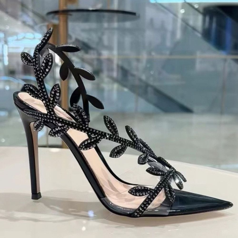 pointed-toe rhinestone leaf stiletto sandals