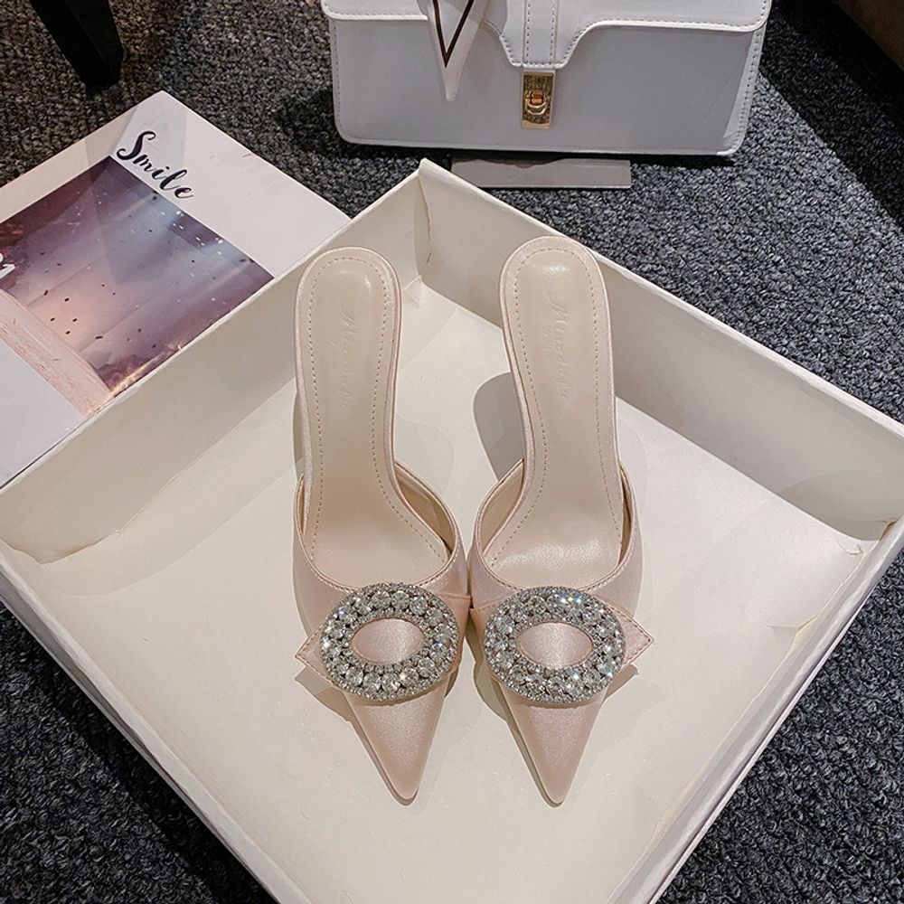 Satin rhinestone closed toe stiletto sandals
