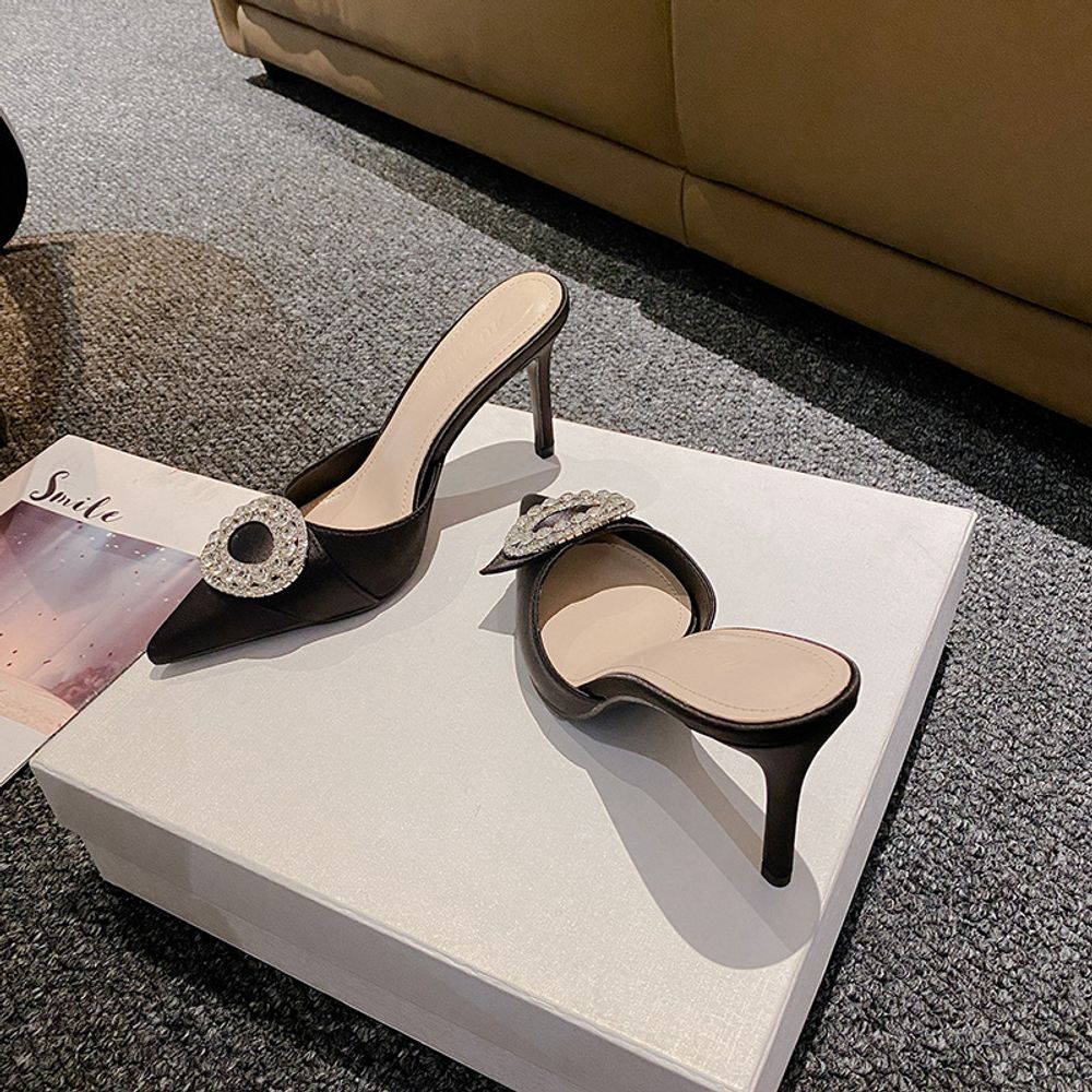 Satin rhinestone closed toe stiletto sandals