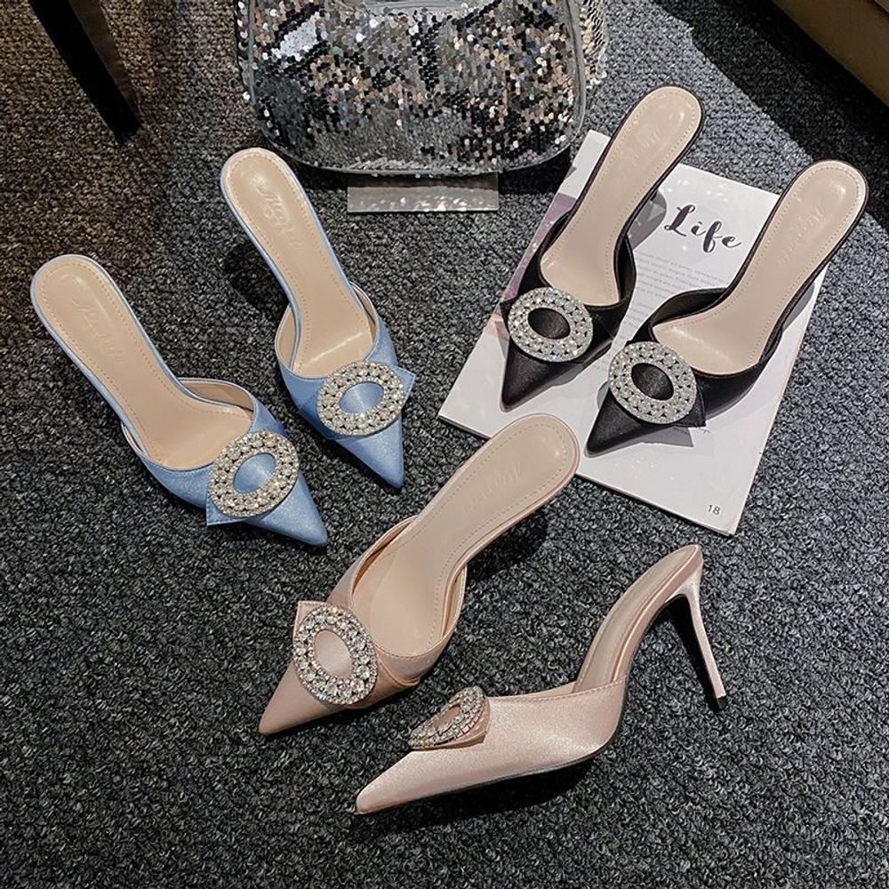 Satin rhinestone closed toe stiletto sandals