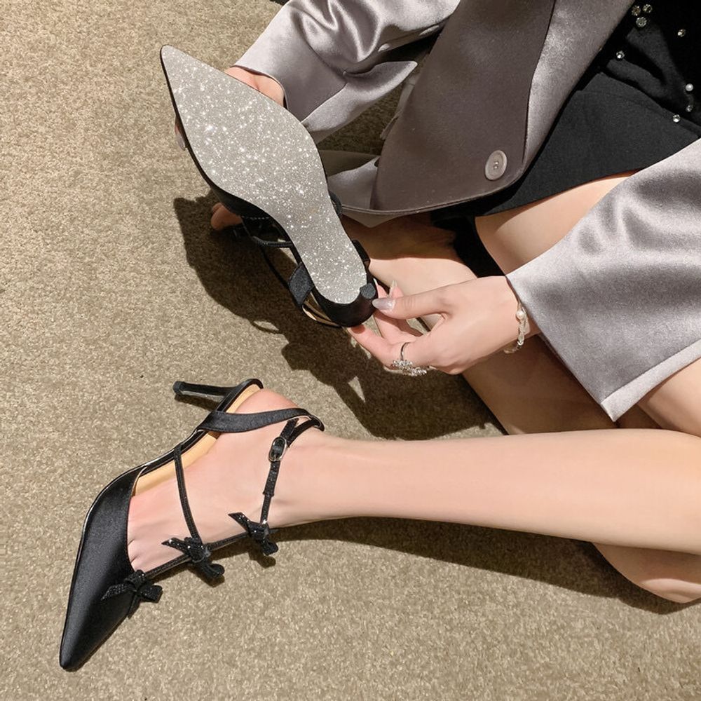 Rhinestone Bow Satin High Heels