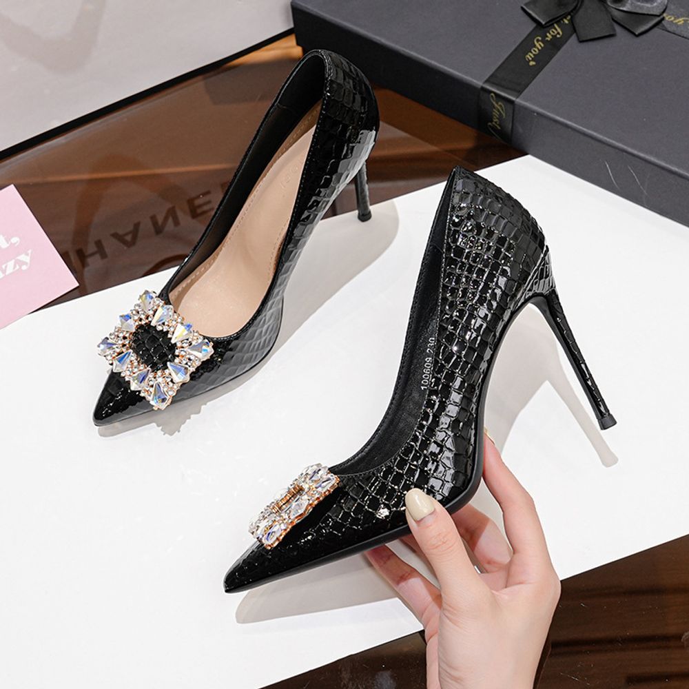 Rhinestone square buckle high heels