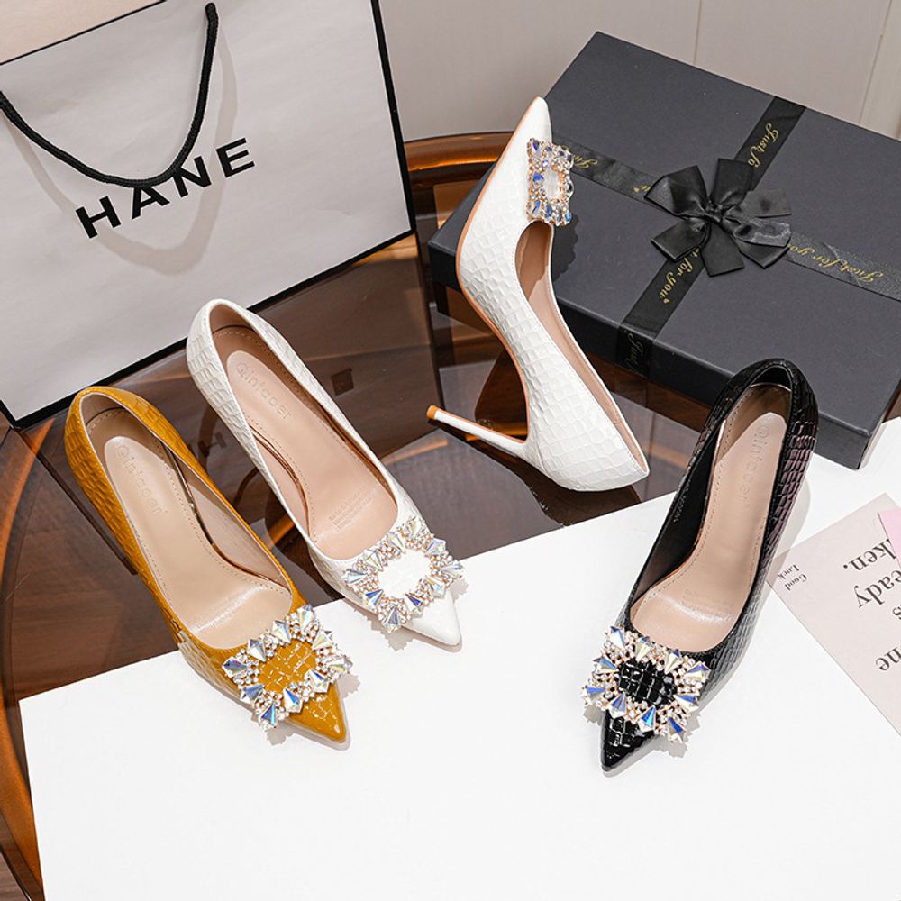 Rhinestone square buckle high heels