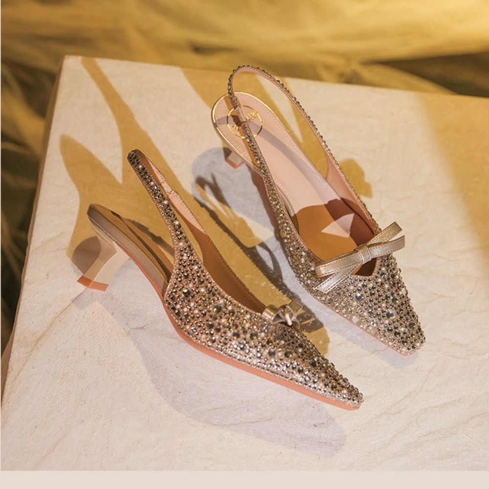 Diamond-studded, open-back heel sandal
