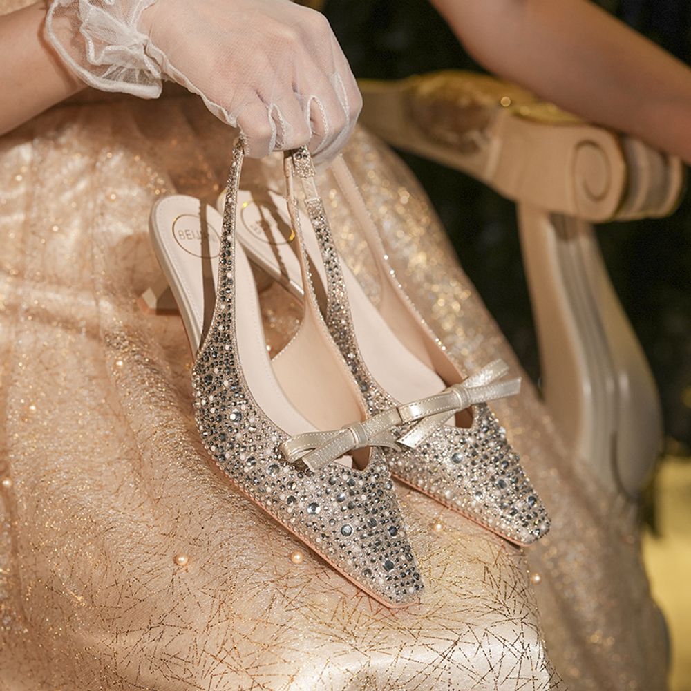 Diamond-studded, open-back heel sandal