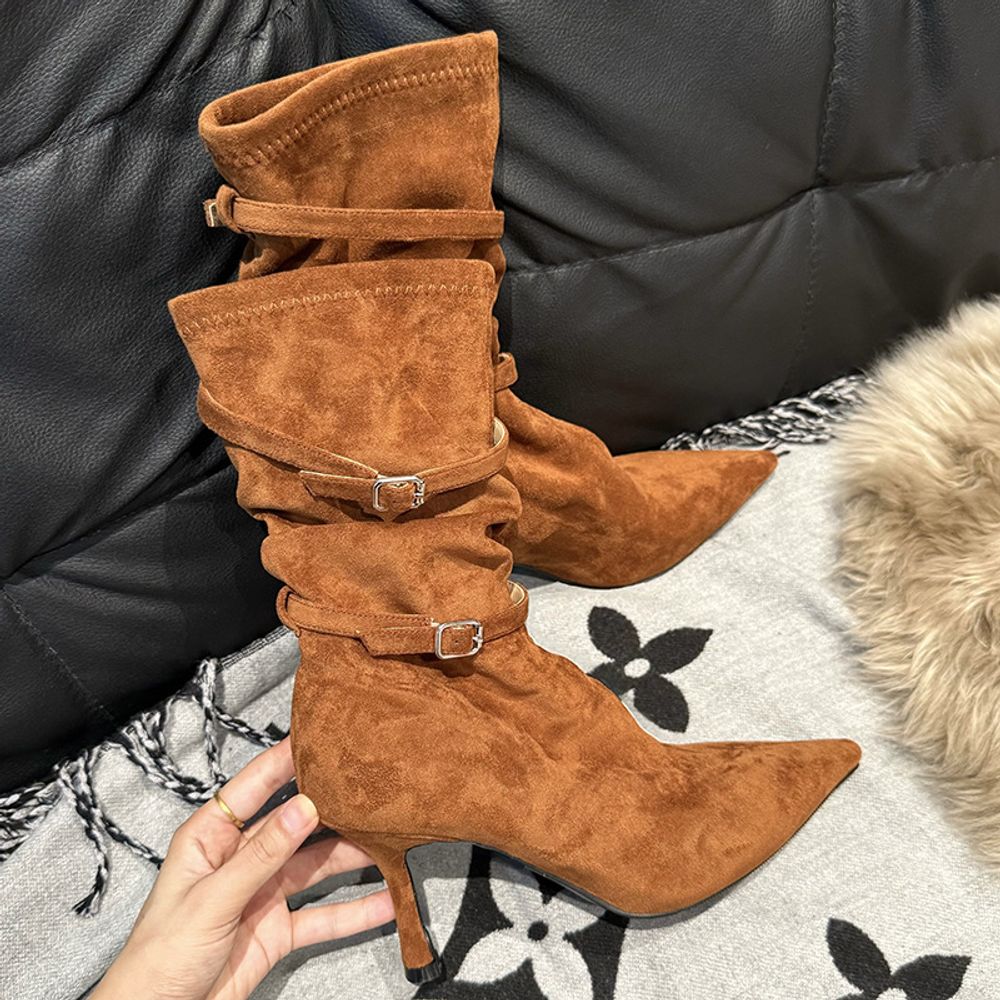 Belt buckle pleated ankle boots