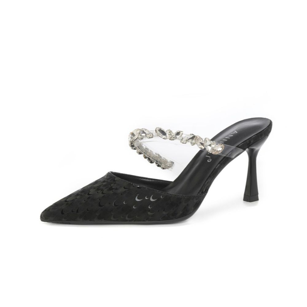 Pointed-toe rhinestone strappy open-back sandals