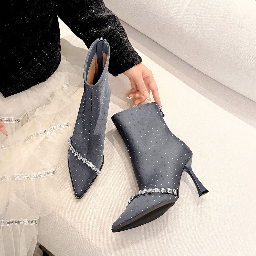 Rhinestone Pointed Heeled Boots