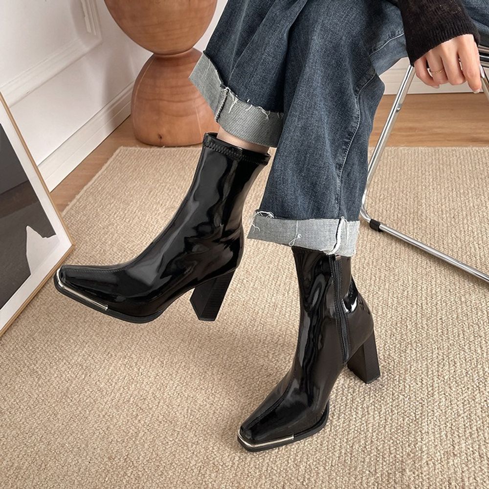 Thick Heeled Glossy Black Ankle Boots