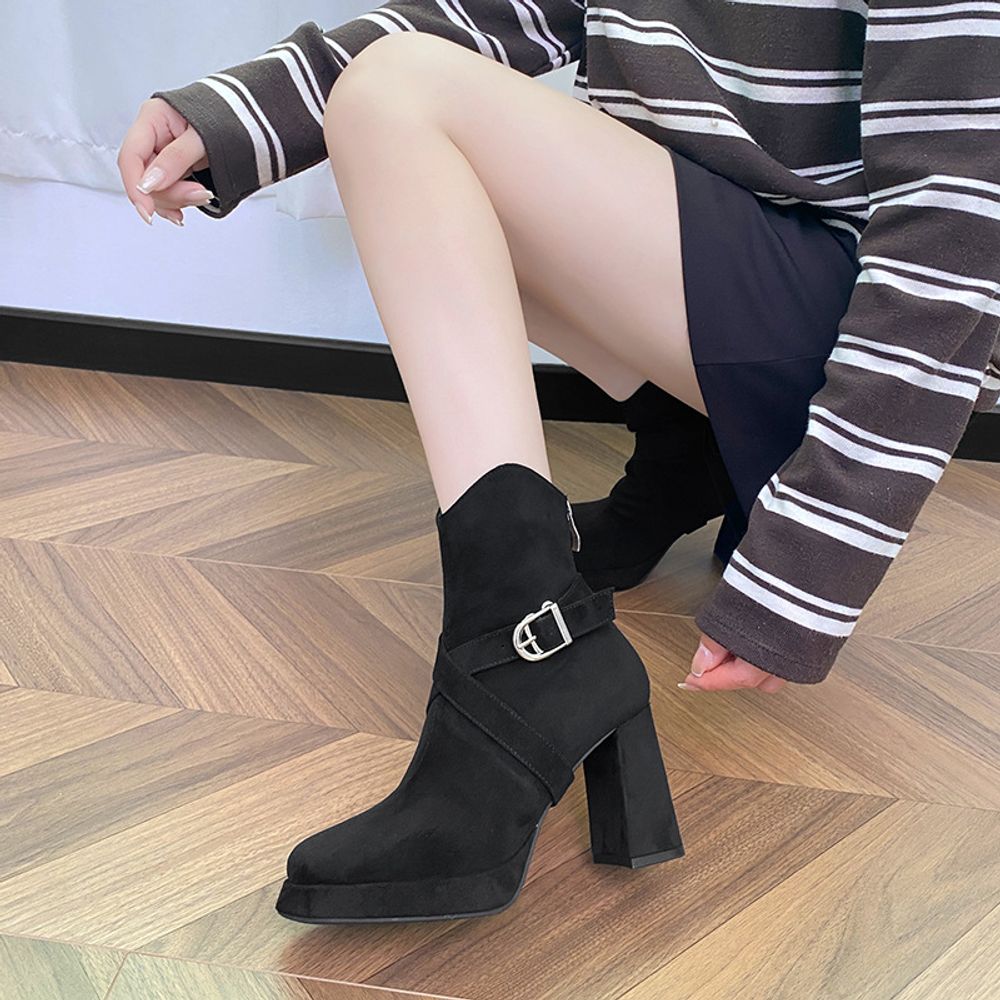 Thick Heeled Suede Ankle Boots