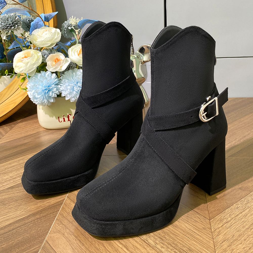 Thick Heeled Suede Ankle Boots