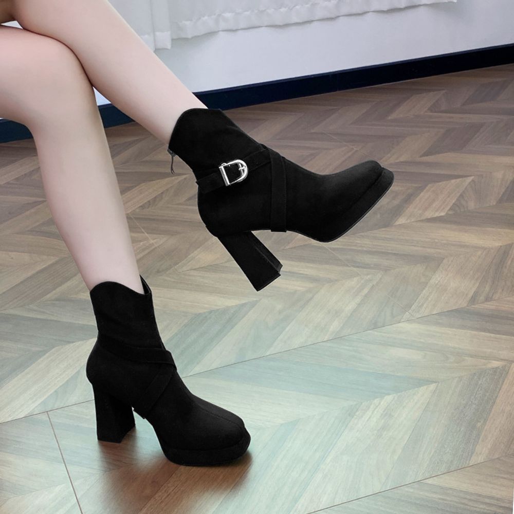 Thick Heeled Suede Ankle Boots
