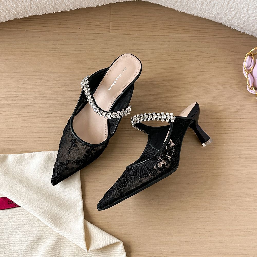 Pointed Mesh Rhinestone Heels