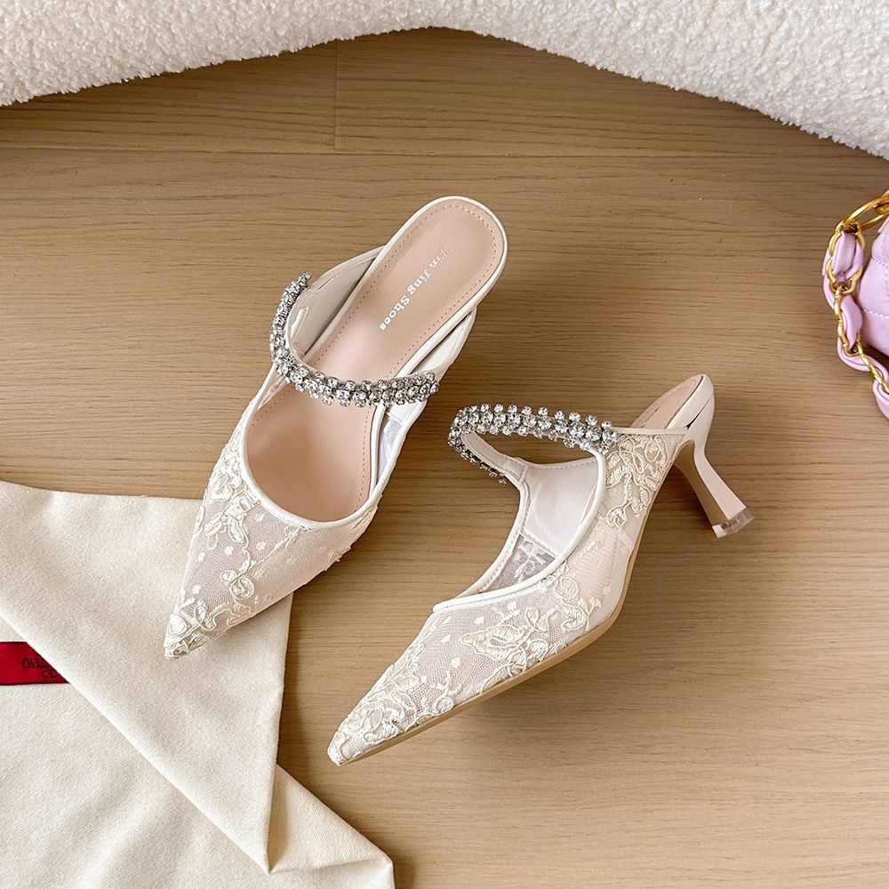 Pointed Mesh Rhinestone Heels